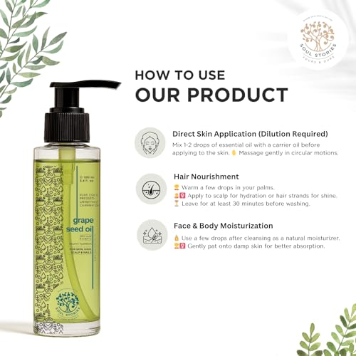 Image of Soul Stories Grape Seed Oil 100ml | 100% Pure Lightweight Oil for Hair, Face & Body | Fast Absorbing Formula | Helps Improve Complexion, Smooth Texture & Even Tone | Rich in Vitamin A & E