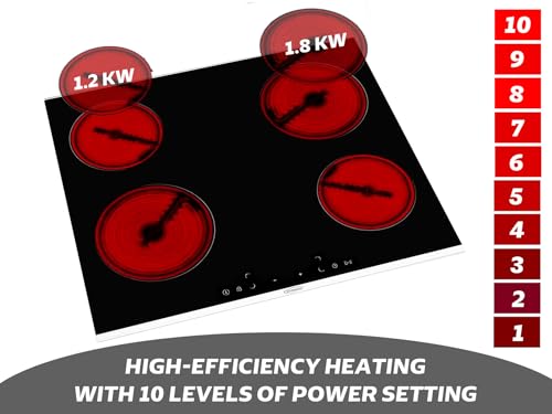 موقد كهربائي مطور 60 سم من جينيرال جولد، 4 مناطق تسخين، سطح سيراميك فيتروسيراميك، تحكم باللمس، مادة زجاجية سوداء، 4 شعلات موقد كهربائي مدمج للمطابخ وسطح الطاولة