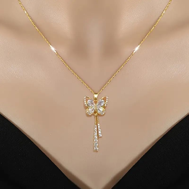 18K Gold Plated Butterfly Pendant Necklace with Cubic Zirconia – Elegant Crystal Drop Chain Jewelry for Women - Image 5