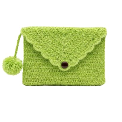 Crochet Envelope Clutch Bag, Green, Scalloped Flap with Pom Pom, Button Closure, 18 x 13 cm-image-7