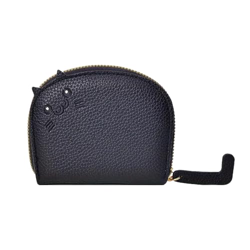 Carteira feminina em formato de gato, couro sintético, porta-cartões com janela para identidade e bolso para moedas, Preto, Tendência