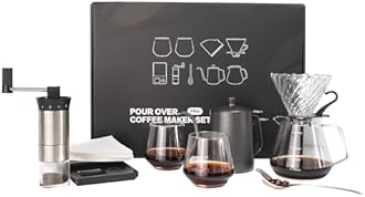 SuperCook Hand Drip Pour Over Coffee Set, All in One Includes Gooseneck Kettle, V60 Glass Dripper, Paper Filter, Cups, Manual Grinder, Scale, Ideal for Anniversary Birthday Gift