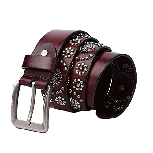 Studded Belt Leather Mens Belt Flower Shape Rivet Vintage Handmade The Hip Hop Style Belts Alloy Buckle Unisex,Brown,110cm/43.3''3