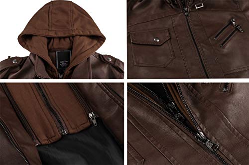 CRYSULLY Men's Leather Jacket-Fall Winter Vintage Motorcycle Biker Jacket with Removable Hood4