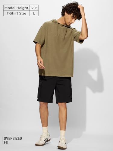 Image of The Souled Store Men and Boys Short Sleeves Solid Cotton Oversized Hooded T-Shirts