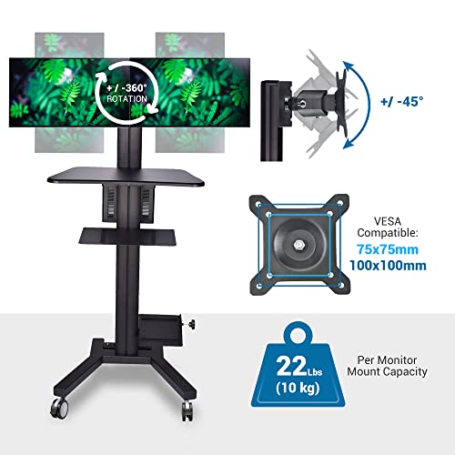 Aw Rolling Pc Cart Mobile Computer Standing Workstation Moving Desktop Desk Cart With Adjustable Dual Monitor Mount Keyboard Tray Printer Cpu Holder Wheels Black #TOP4