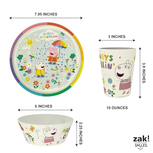 Image of Zak Designs Peppa Pig Kids Dinnerware Set 3 Pieces, Durable and Sustainable Melamine Bamboo Plate, Bowl, and Tumbler are Perfect For Dinner Time With Family (Peppa, Suzy, Zuzu)
