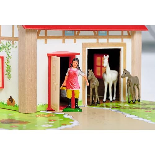 Eichhorn Bauernhof 100004309 - Bauernhof bestehend aus 2 Gebäuden, Spielplatte, Figuren, Tiere, Zäune, 20 teilig, Größe 36x51cm, Buchenholz, für Kinder ab 3 Jahren