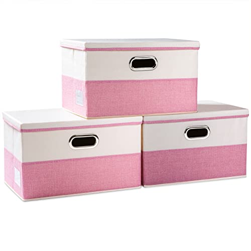 Image of PRANDOM Large Collapsible Storage Bins with Lids [3-Pack] Fabric Foldable Storage Boxes Organizer Containers Baskets Cube with Cover for Home Bedroom Closet Office Pink&Cream(17.7x11.8x11.8)