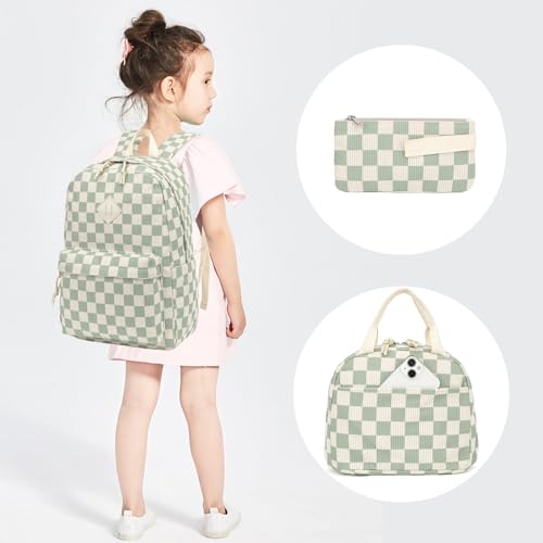 School Backpack for Girls - Girls Backpack with Lunch Box Pencil Case for Teen Kids Elementary Middle Bookbag (Corduroy Checkered Green)2