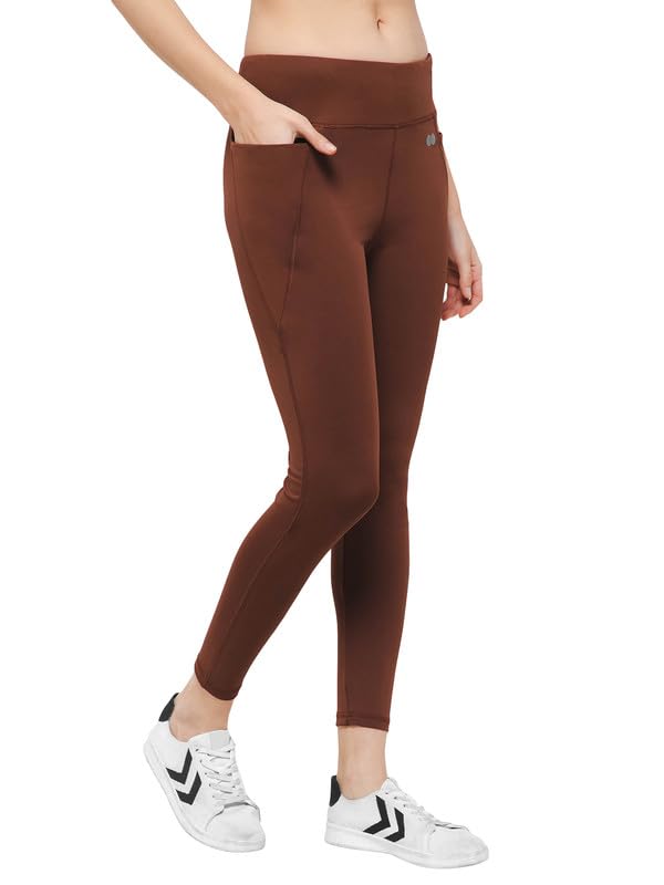 Image of Clovia Women's Snug-Fit High-Rise 4 Pocket Active Tights in Brown