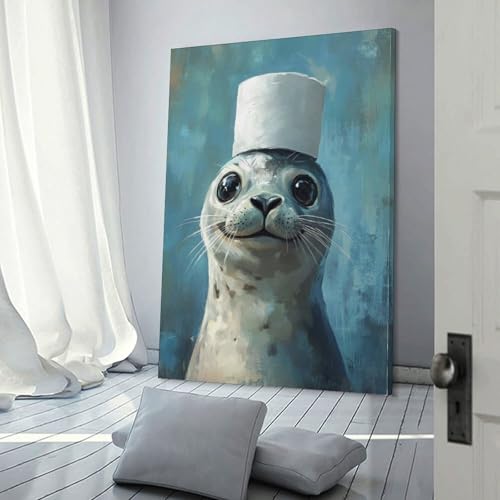 Toile personnalisée phoque au chapeau pour briser la monotonie de vos murs blancs, tableau 30x45cm
