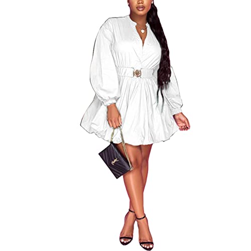 Uni Clau Womens Button Down Shirt Dress Long Sleeve A-Line Casual Puffy Short Mini Dress with Belt2