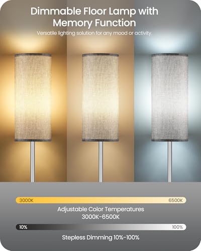 Image of Dimmable Floor Lamps for Living Room with Remote and Foot Switch, 64.4 inch Modern Standing Tall Lamp, Corner Lamp for Bedroom, Office, Bulb Included, 3000K-6500K, Gray and Silver, FCC Listed SH06LD05W1