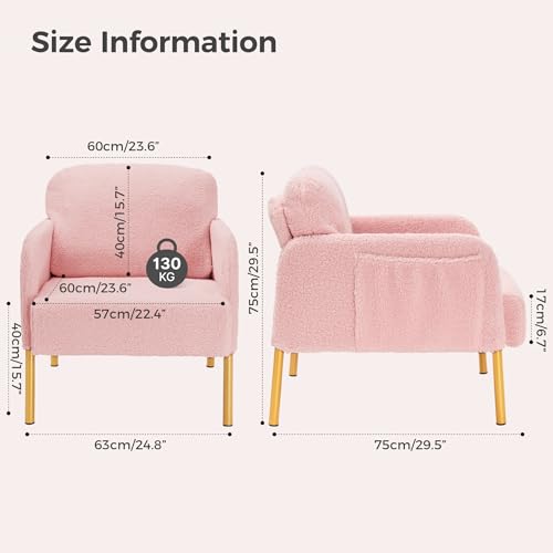 Mondeer Sessel, Einzel Loungesofa mit Seitentasche mit Metallbeinen Gemütlicher Kunstlammfell Stoff Modern, für Wohnzimmer Schlafzimmer Arbeitszimmer, 63 x 75 x 75 cm, Rosa
