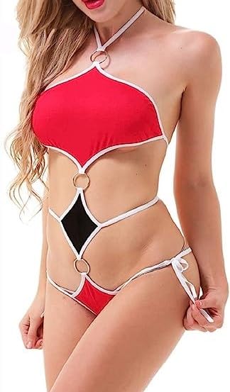 Women's Monokini Swimsuit, One Piece Design with Ring Detail, Black and White Trim