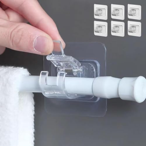 6 Pcs Upgraded Self Adhesive Hook, Curtain Rod Hooks, No Drill Curtains Rod Holders, Nail Free Adjustable Curtain Hangers Suitable for Poles of 0.78~1.57 Inch (Transparent)