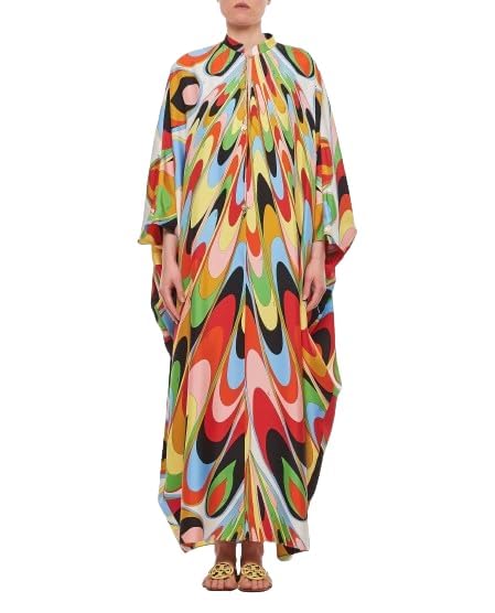 Image of Women's Soft Satin Silk Kaftan - Designer Printed Luxury Resort Wear - Multi Color Long Caftan Dress