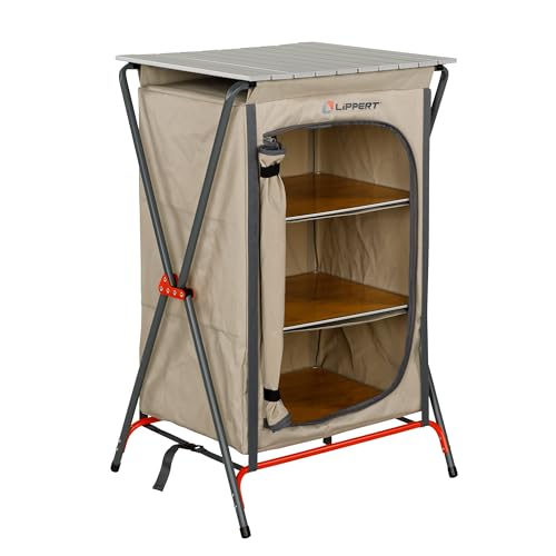 Lippert Sand Outdoor Folding Camping Pantry with Three Storage Shelves, 600D Polyester Fabric, Powder-Coated Steel Frame, Aluminum Slat Top, Collapsible Design - 2023053723