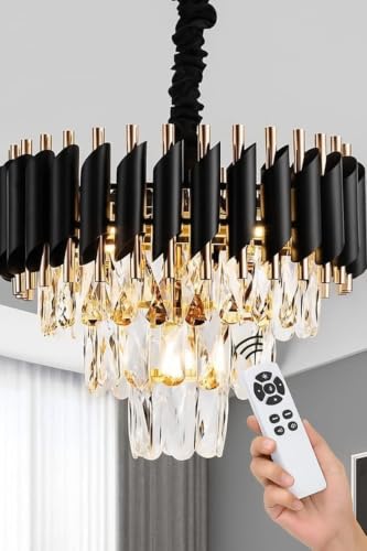 Image of Modern Ceiling Lamp 3-Tier Round Crystal Chandelier for Living Room | Bluetooth Remote Control and Moving Round| Speaker+ Multi Color LED Light (Remote Black Gold, 400MM)
