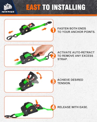 Image of METOWARE Retractable Ratchet Straps (2-Pack) - 1 in x 10 Ft (1500lb Break Strength) - Heavy Duty Auto Self Retracting Tie Down Straps for Truck, Trailer, Cargo Van, Motorcycle - Green
