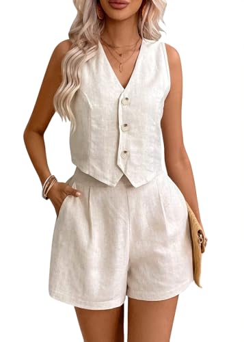 Caratteristiche: questo top è realizzato in lino, senza maniche, con scollo a V e bottoni. I Pantaloncini sono pantaloncini lunghi di lino a gamba larga.