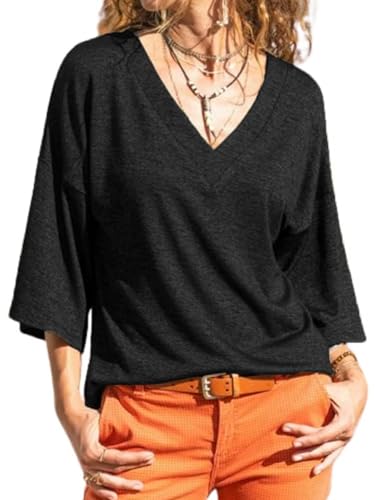 Fisoew T Shirt Damen 3/4 Ärmel Oberteil mit V-Ausschnitt Lockere Basic Sommer Tee Shirts Bluse Tops.Schwarz.S
