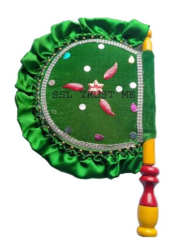 Image of [Mother's Day Gift] Handmade and Decorative Green Hand Fan with Wooden Handle for Cool Air, Home Dcor and Travel Use Shadi ka Pankha /Vinjano /Pankhi - Return Gift