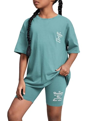 Image of OYOANGLE Girl's 2 Piece Outfits Letter Graphic Print Short Sleeve Tee Top and Biker Shorts Tracksuit Workout Set