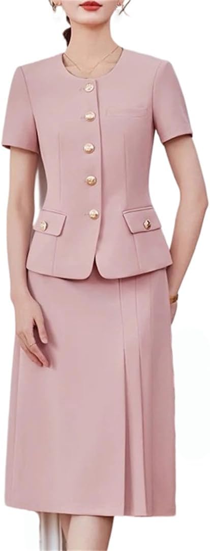 Women's Fashionable Professional Two Piece Set Short Sleeve Blazer And Long Skirt Elegant Office Clothing