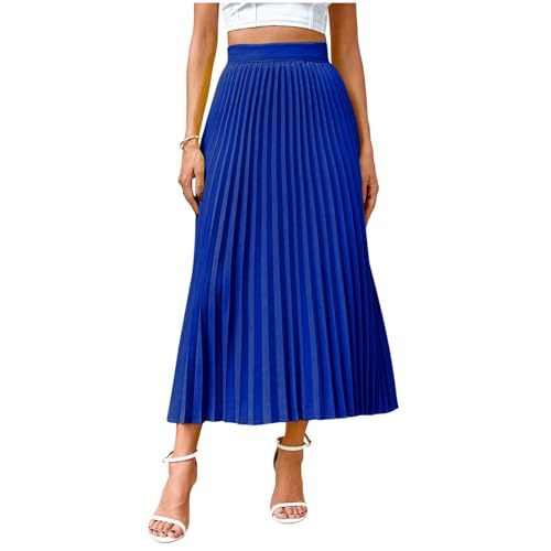 Women's High Waist Pleated Midi Skirt, Solid Color Basic A-Line Swing Skirts Business Office Casual Clothes