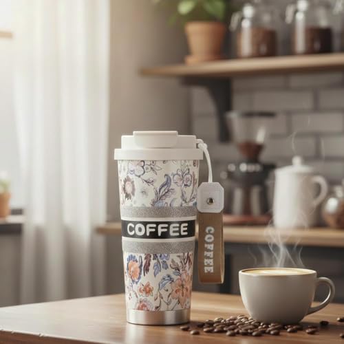 Image of STARFLYER Double Coffee Cup with Travel Strap 316 Stainless Steel Double-Layer Insulated Vacuum Bottle with Straw-500ml(Coffee tag)