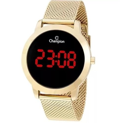 Relógio Champion Feminino Dourado Digital Led Vermelho + Kit Colar e Brincos CH40106H