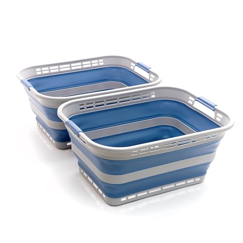 Image of SAMMART 42L (11 gallons) Collapsible Plastic Laundry Basket - Portable Pop Up Storage Container /Organizer - Portable Hamper - Space Saving Easy Storage (Grey /Mist Blue (Set of 2))