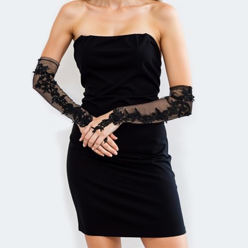 1 Pair Long Black Gloves for Women Formal Dress, Elegance Fingerless Elbow Length Black Mesh Sheer Gloves for Prom Opera Masquerade, Dance Concert Party Wedding4