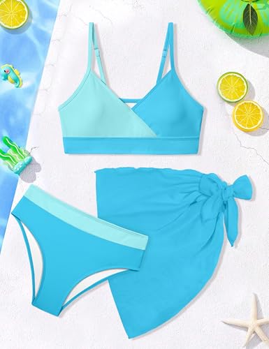 Image of Girls Swimsuit V Neck Bikini Set Color Block with Cover Up 3Pcs Bathing Suits