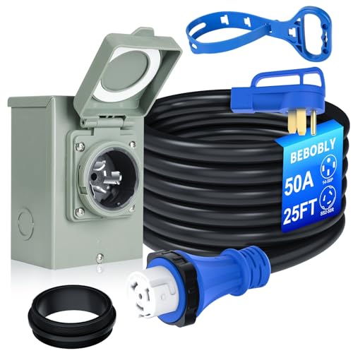 BEBOBLY 50 Amp Power Inlet Box and 25FT Generator Cord, 125V/250V Emergency Power Combo Kit, NEMA 3R Generator Plug, NEMA14-50P/SS2-50R RV Power Extension Cord, Twist Lock, Grip Handle -  BB2056