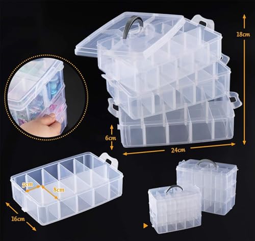 Image of Anstore Craft Storage Box with Compartments, 3-Tier 30 Sections Transparent Stackable Plastic Box Organiser with Handle, Practical Sorting Box for Crafts, Jewelry, Toy, Sewing Accessories