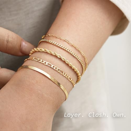Krfy 5Pcs Gold Bracelets for Women Trendy, Silver Bracelet Stack, Non Tarnish Waterproof Bracelets for Women, Fashion Accessories with Paperclip Herringbone Figaro Cuban Twist Chains, Size 6.5''+2''4