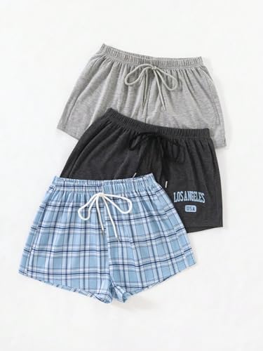 Image of WDIRARA Women's 3 Pack Plaid Letter Graphic Pajama Shorts Lounge Shorts | Elastic Waist ,Comfortable,Home Living,Sleepwear