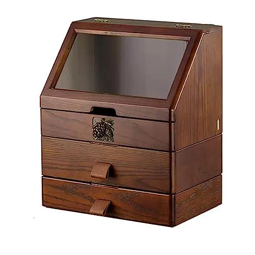 Porta trucchi e gioielli Scatola organizer per trucco in legno di grande capacità con coperchio ribaltabile e cassetti da appoggio vassoio angolare per cosmetici profumi da bagno