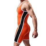 WMIERFI Ice Silk Men's Athletic Supporters Sport Swim Bodysuit Slim Fit Wrestling Singlets Leotard Underwear Jumpsuits (XL, Orange)