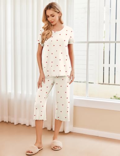 Image of Ekouaer 2 Pack: Women's Pajamas Set Short Sleeve Sleepwear Capri Pants Pjs Soft Loungewear with Pockets