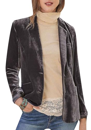 WIWIQS Women's Velvet Button Front Coat Cozy Long Sleeve Blazer Open Front Notched Lapel Outerwear with Pockets