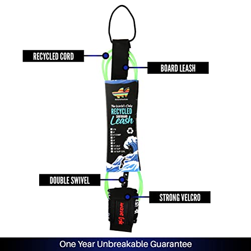 Wave Tribe Eco Surfboard Leash - 8' Premium Surf Leash, Strong Like Bull Leash With Double Stainless Steel Swivels, Triple Rail Saver, Key Pocket (Green) #TOP2