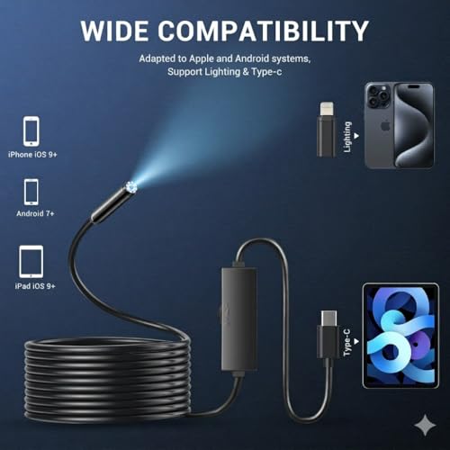 Image of Borescope Endoscope Camera with Light for iPhone: 1920P HD Inspection Camera with 8 Adjustable Led Lights, 16.4ft Semi-Rigid IP67 Waterproof Bore Scope Snake Cameras for Android
