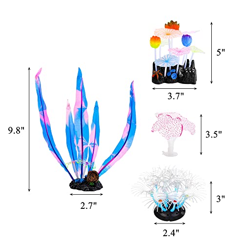 Image of Lpraer 4 Pack Glow Aquarium Decorations Kelp Lotus Anemone Sun Flower Simulation Glow Plant Glowing Effect Silicone for Fish Tank Decorations
