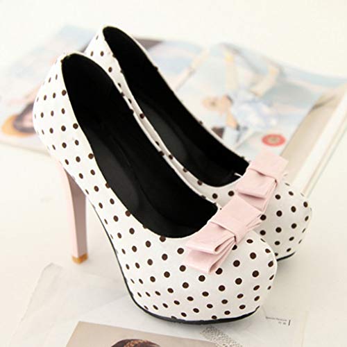 DEERBUNNY Women's Slip On Stiletto High Heel Pumps Polka Dots Round Toe Platform Heeled Shoes Party Wedding Dress Shoes4