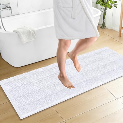 Image of OLANLY Thick Bathroom Runner Rugs 59x20, Absorbent Chenille Striped Bath Rugs, Rubber Backing, Machine Wash Dry, Extra Long Bath Mats for Bathroom Floor, Tub and Shower, Home Decor Accessories, White