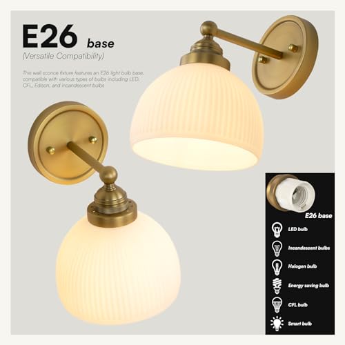 Image of Vintage Wall Sconce 1-Light with White Striped Glass Globe Shade, Indoor Wall Mounted Lamp Fixture for Living Room Bedroom Kitchen Hallway
